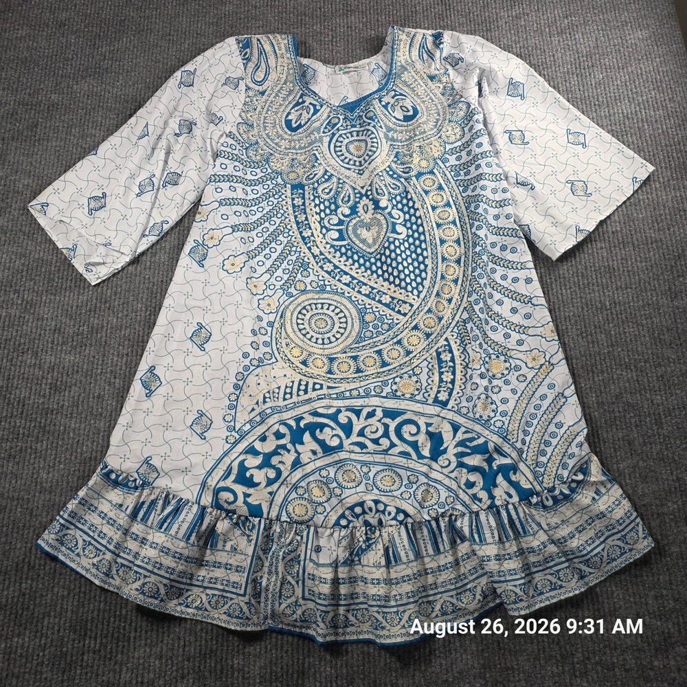 Lapogee Women Blue White Paisley Mandala Boho Ruffle Hem Mini Dress Size L